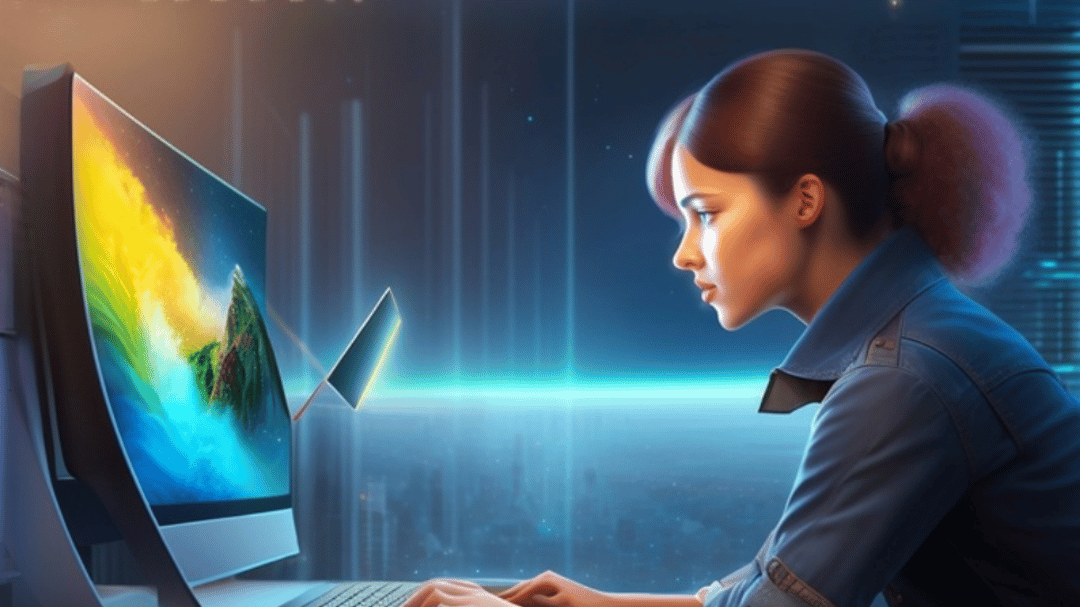 AI genererad illustration av en flicka som sitter vid en dataskärm.